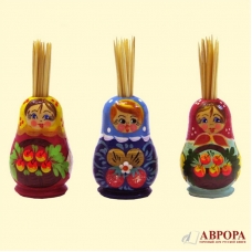 Поставка под зубочистки "Матрёшка" 6 см ,различные мотивы и цвета,с зубочистками